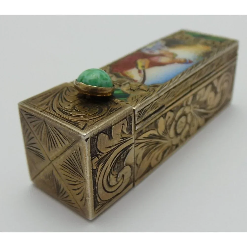 Vintage Antique 800 Sterling Silver Italian Musical Scene Enamel Mirror Lipstick